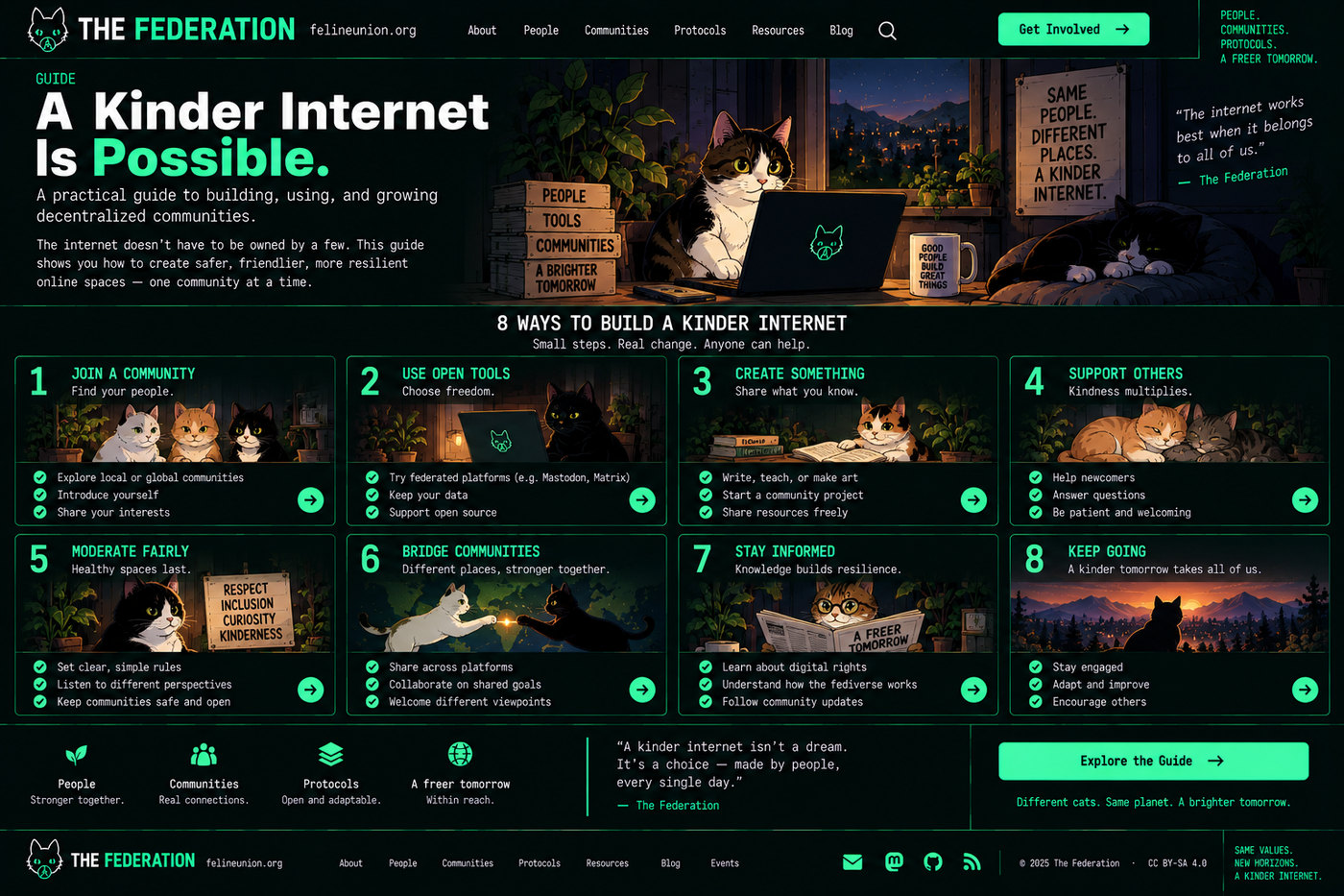 A Kinder Internet Is Possible: a cat at a laptop by a window at night, boxes labelled People, Tools, Communities, A Brighter Tomorrow, and eight numbered cards for building a kinder internet.