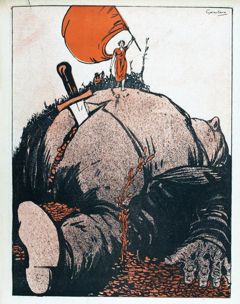 Colour lithograph: a woman in red stands on the belly of a dead giant, raising a red flag against an orange sun. A knife is buried in the body, coins spill from the wound, and a slender plant climbs the corpse.