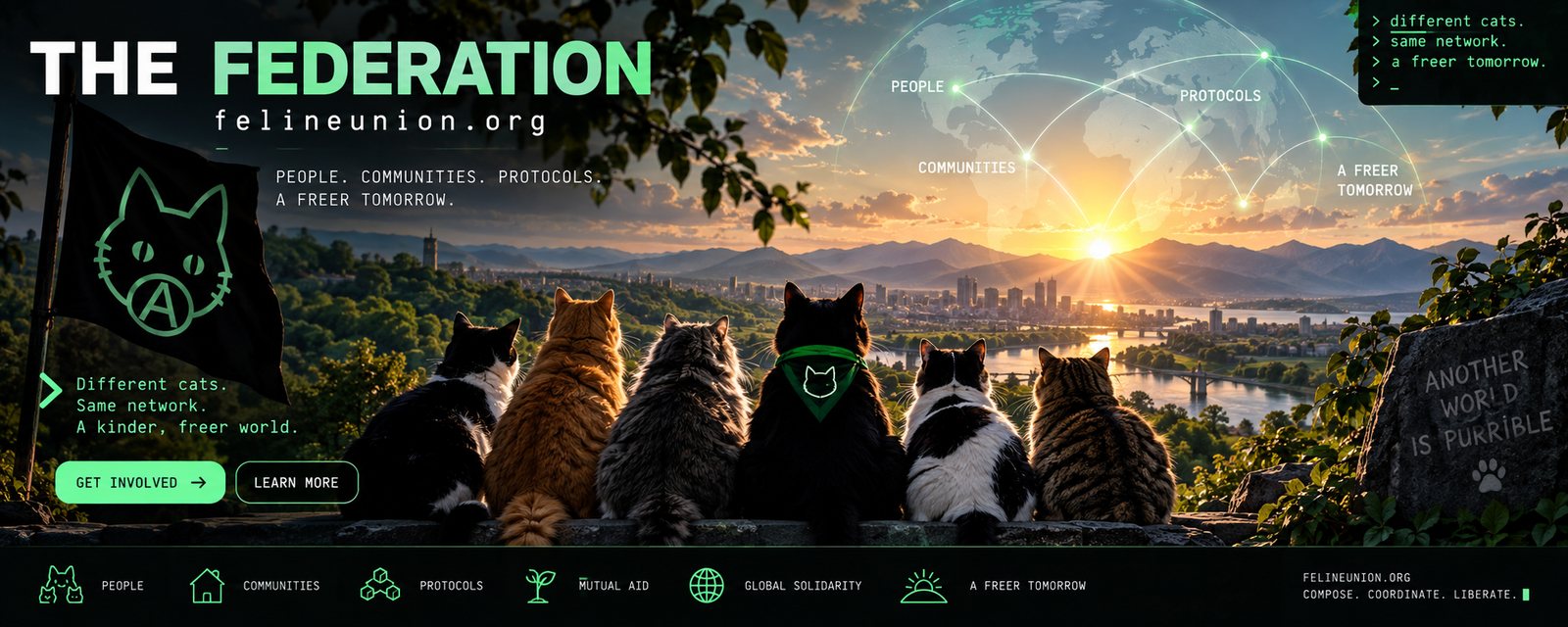 Six cats sitting on a wall at sunrise, looking out over a river city. A black flag with a green cat-and-circle-A. Text: The Federation, felineunion.org. People. Communities. Protocols. A freer tomorrow.